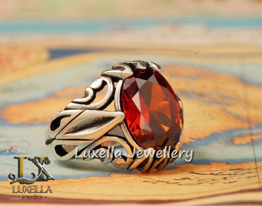 Sterling Silver Garnet Men's Ring - Handcrafted Jewelry for Bold Style