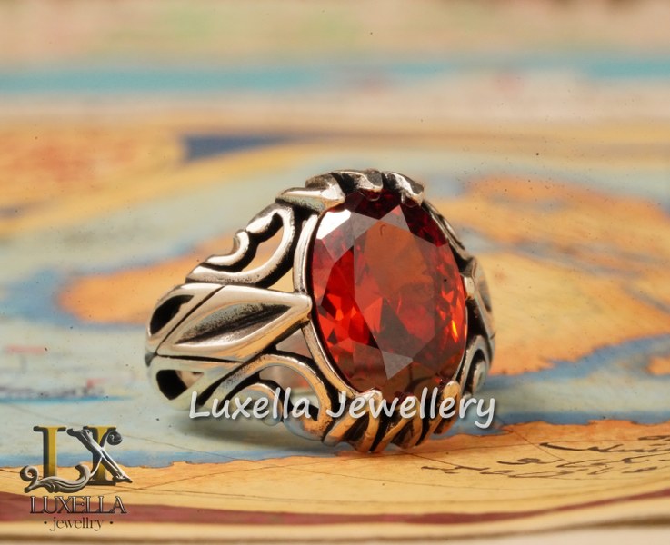 Sterling Silver Garnet Men's Ring - Handcrafted Jewelry for Bold Style