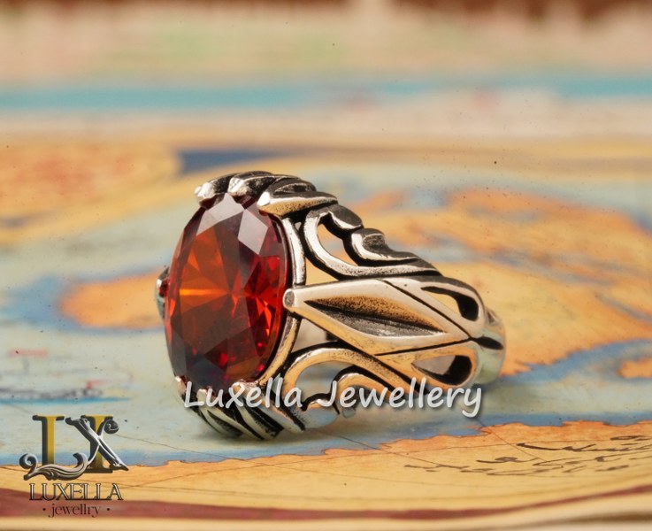 Sterling Silver Garnet Men's Ring - Handcrafted Jewelry for Bold Style