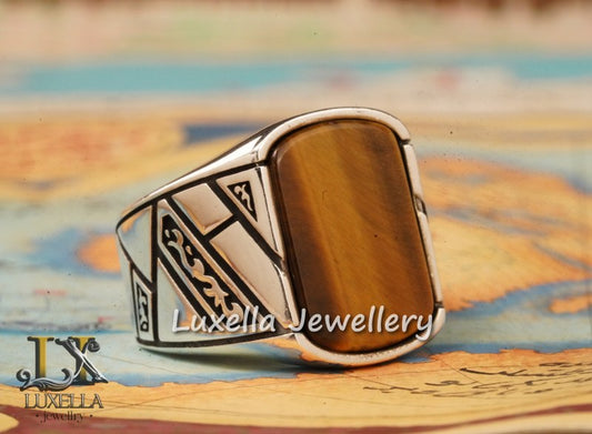 Sterling Silver Tiger's Eye Men's Ring - Handcrafted Unique Silver Ring for Men