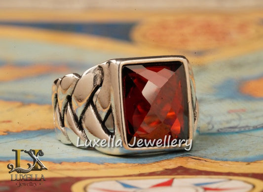 Sterling Silver Garnet Men's Ring - Handcrafted Jewelry for Bold Style