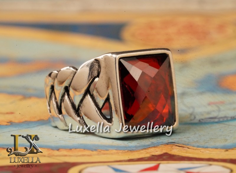 Sterling Silver Garnet Men's Ring - Handcrafted Jewelry for Bold Style