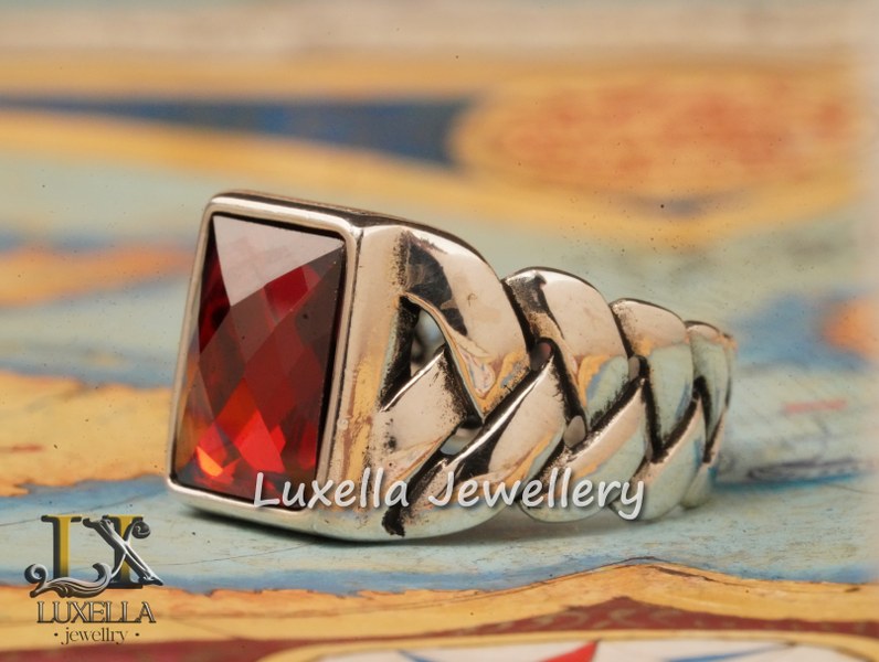 Sterling Silver Garnet Men's Ring - Handcrafted Jewelry for Bold Style