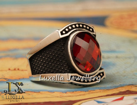 Sterling Silver Garnet Men's Ring - Handcrafted Jewelry for Bold Style