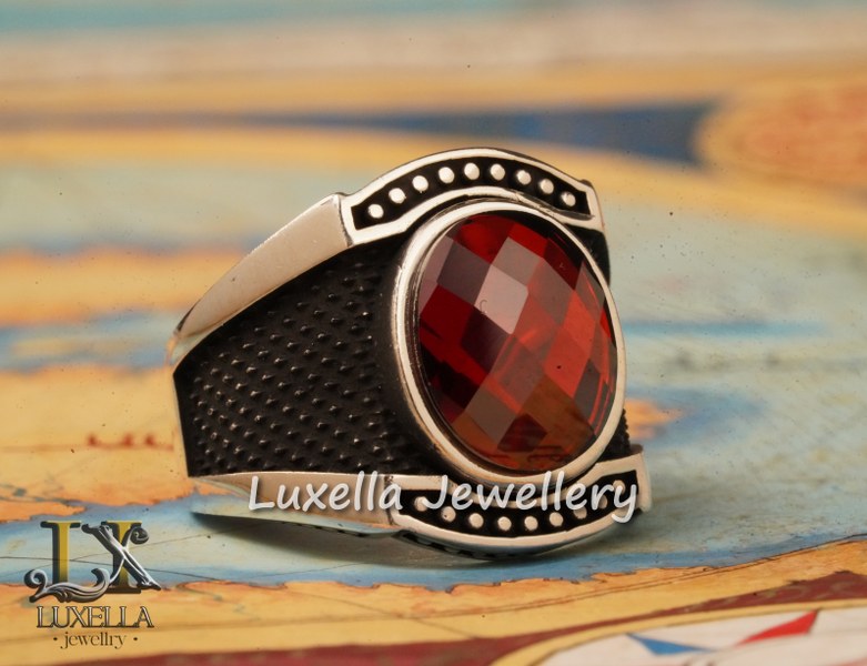 Sterling Silver Garnet Men's Ring - Handcrafted Jewelry for Bold Style