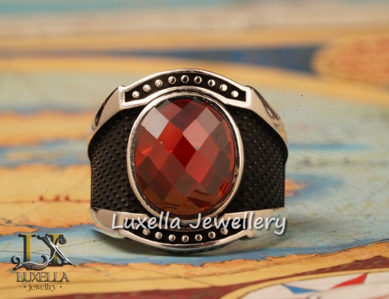 Sterling Silver Garnet Men's Ring - Handcrafted Jewelry for Bold Style