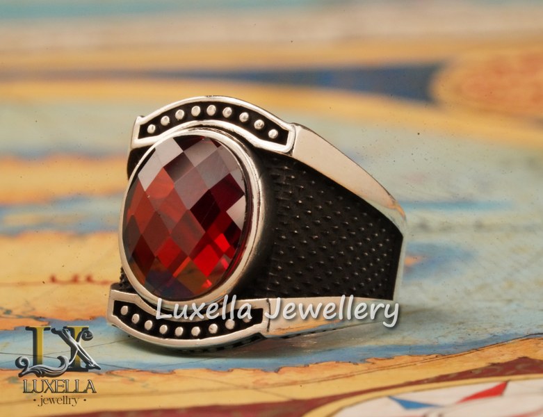 Sterling Silver Garnet Men's Ring - Handcrafted Jewelry for Bold Style