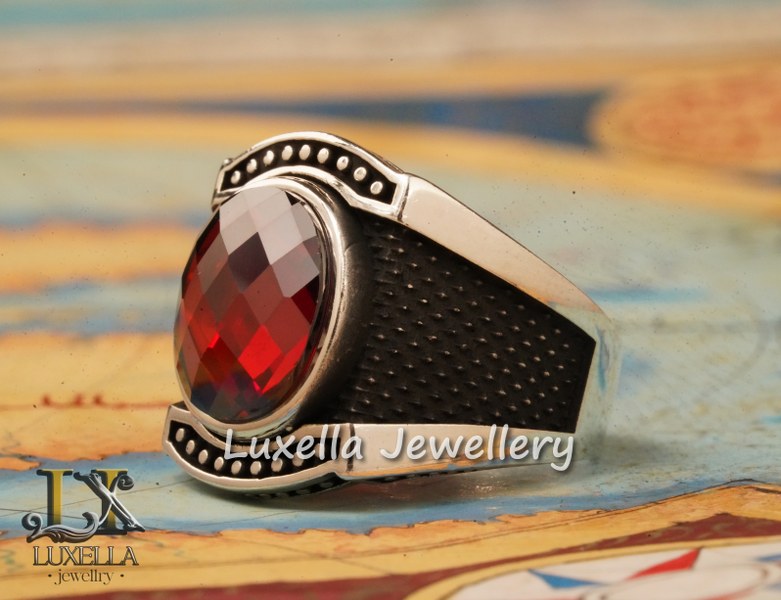 Sterling Silver Garnet Men's Ring - Handcrafted Jewelry for Bold Style