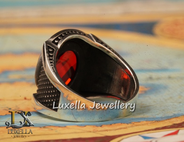 Sterling Silver Garnet Men's Ring - Handcrafted Jewelry for Bold Style