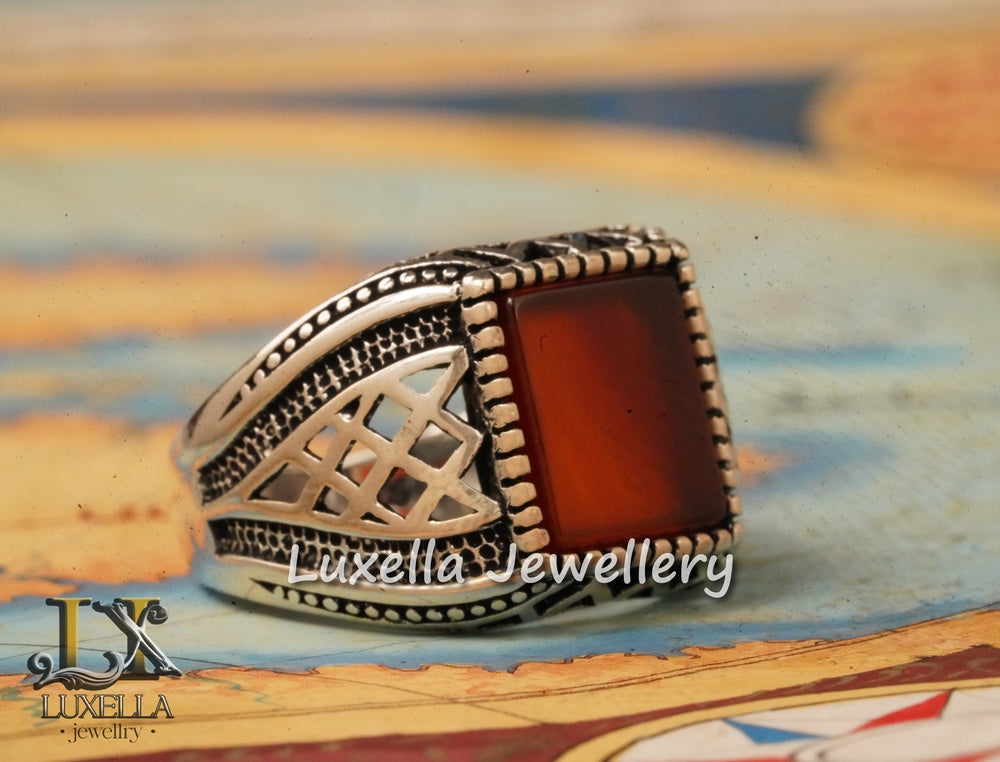 Sterling Silver Agate Men's Ring - Unique Handcrafted Ring for Men