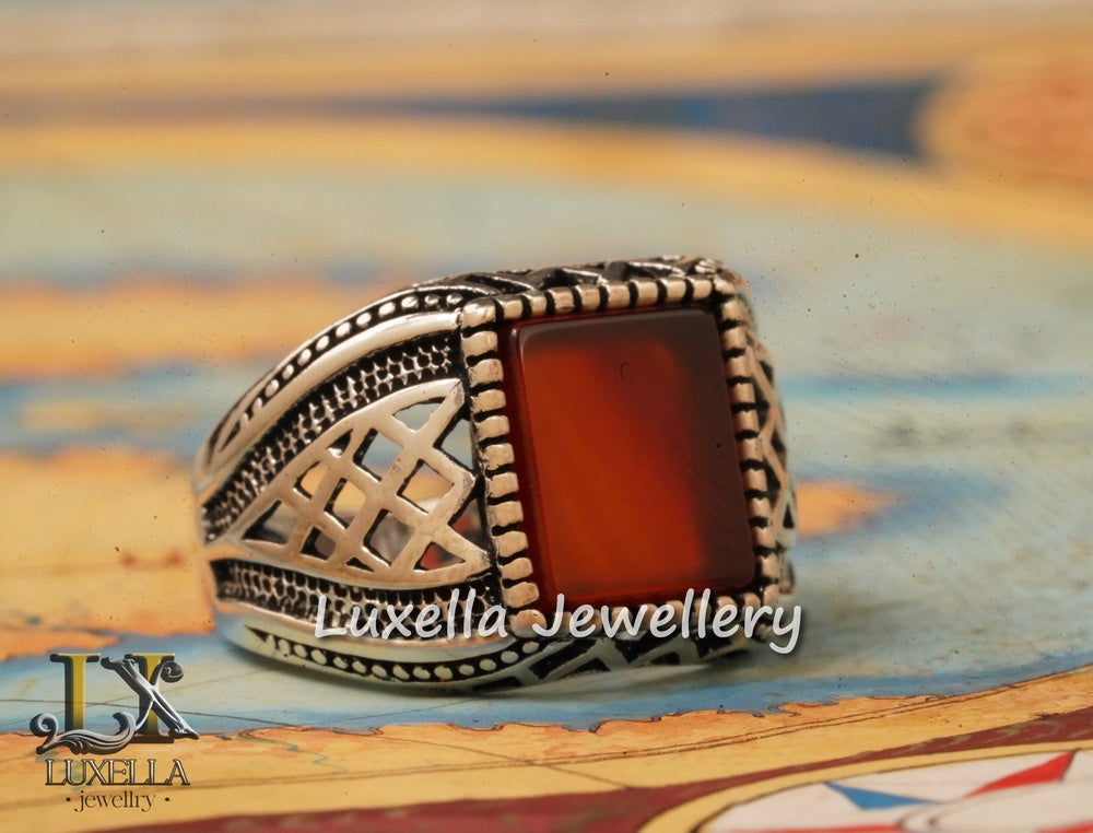 Sterling Silver Agate Men's Ring - Unique Handcrafted Ring for Men