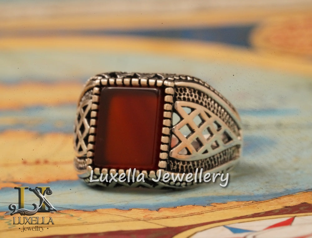 Sterling Silver Agate Men's Ring - Unique Handcrafted Ring for Men