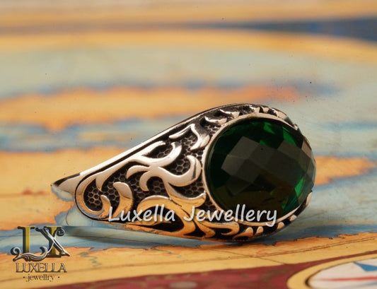 Sterling Silver Emerald Men's Ring - Unique Handcrafted Jewelry for Men