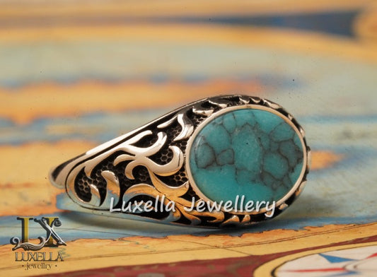 Sterling Silver Turquoise Men's Ring - Handcrafted Statement Jewelry for Men