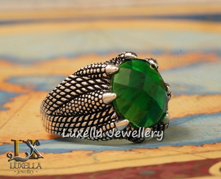 Sterling Silver Emerald Men's Ring - Unique Handcrafted Jewelry for Men