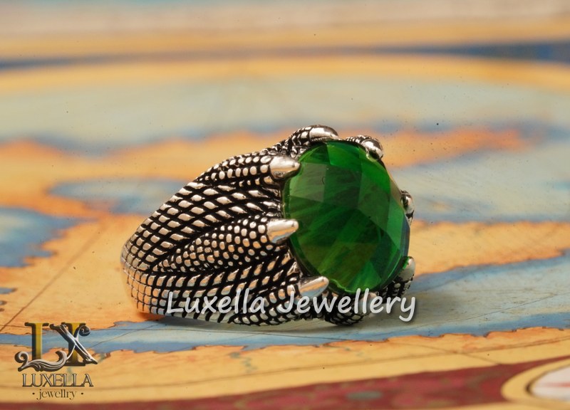 Sterling Silver Emerald Men's Ring - Unique Handcrafted Jewelry for Men