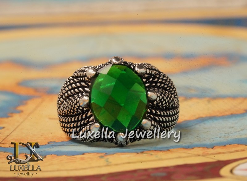 Sterling Silver Emerald Men's Ring - Unique Handcrafted Jewelry for Men