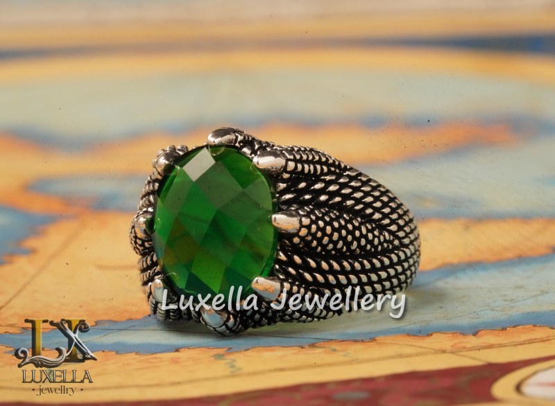 Sterling Silver Emerald Men's Ring - Unique Handcrafted Jewelry for Men