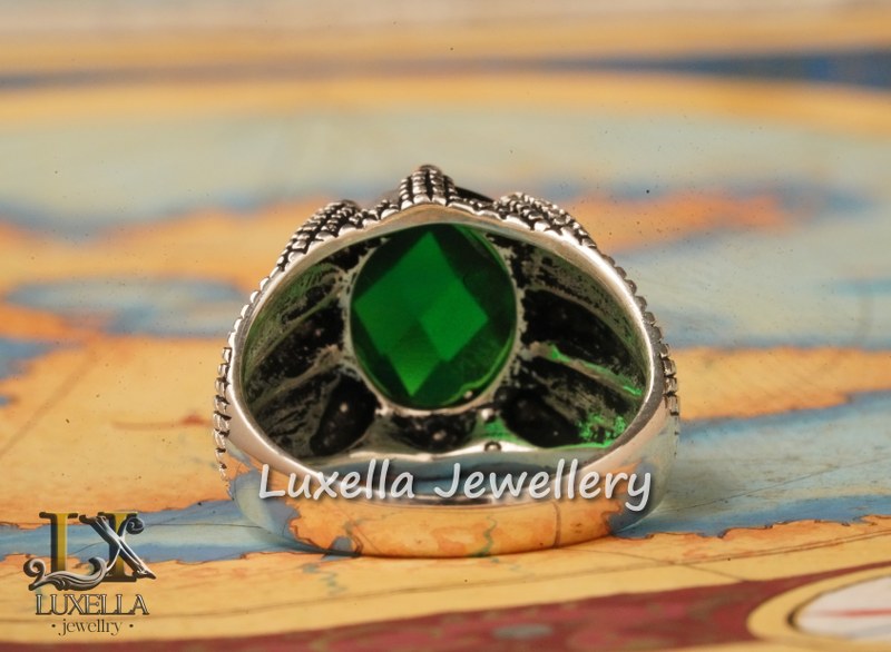 Sterling Silver Emerald Men's Ring - Unique Handcrafted Jewelry for Men