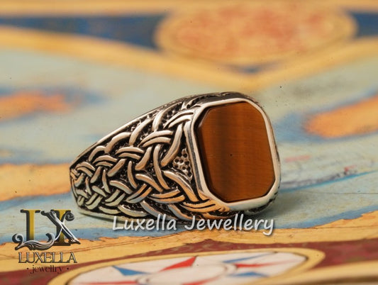 Sterling Silver Zircon   Tiger's Eye Men's Ring - Unique Jewelry for Men