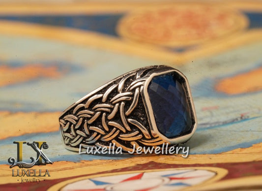 Sterling Silver Sapphire Men's Ring - Handcrafted Ring for Men