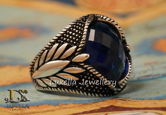 Sterling Silver Sapphire Men's Ring - Handcrafted Ring for Men