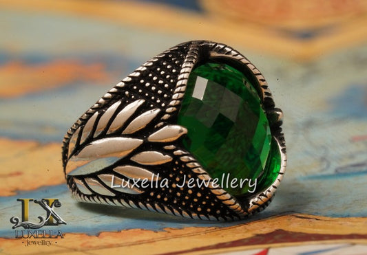 Sterling Silver Emerald Men's Ring - Unique Handcrafted Jewelry for Men