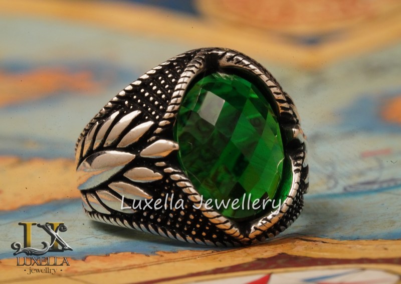 Sterling Silver Emerald Men's Ring - Unique Handcrafted Jewelry for Men