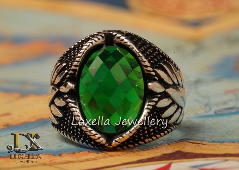 Sterling Silver Emerald Men's Ring - Unique Handcrafted Jewelry for Men