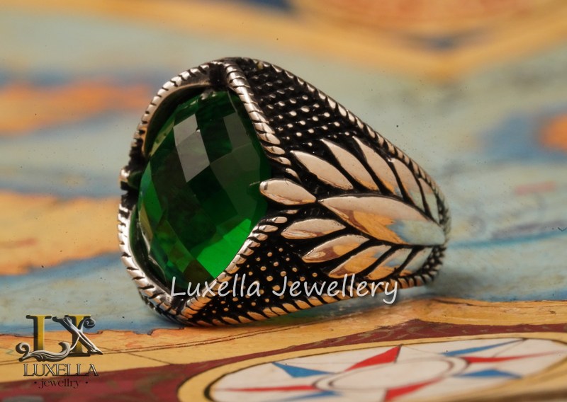 Sterling Silver Emerald Men's Ring - Unique Handcrafted Jewelry for Men