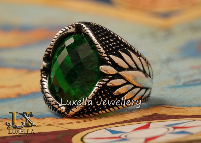 Sterling Silver Emerald Men's Ring - Unique Handcrafted Jewelry for Men