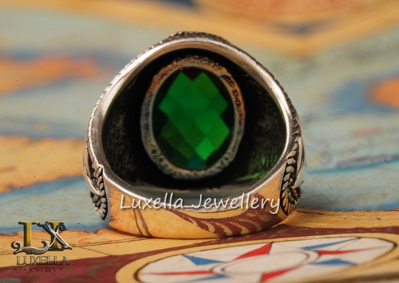 Sterling Silver Emerald Men's Ring - Unique Handcrafted Jewelry for Men