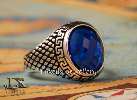 Sterling Silver Sapphire Men's Ring - Handcrafted Ring for Men