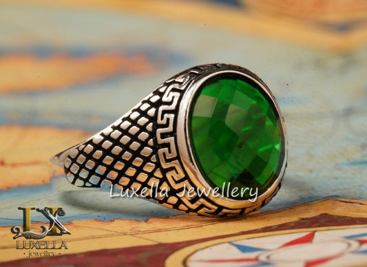 Sterling Silver Emerald Men's Ring - Unique Handcrafted Ring for Men