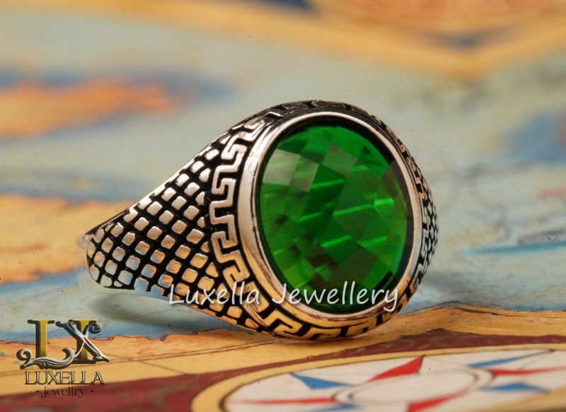 Sterling Silver Emerald Men's Ring - Unique Handcrafted Ring for Men