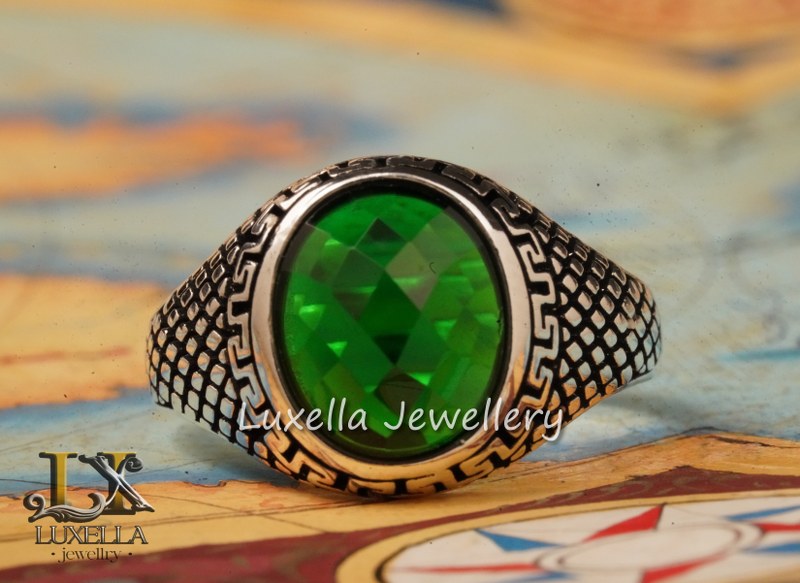 Sterling Silver Emerald Men's Ring - Unique Handcrafted Ring for Men