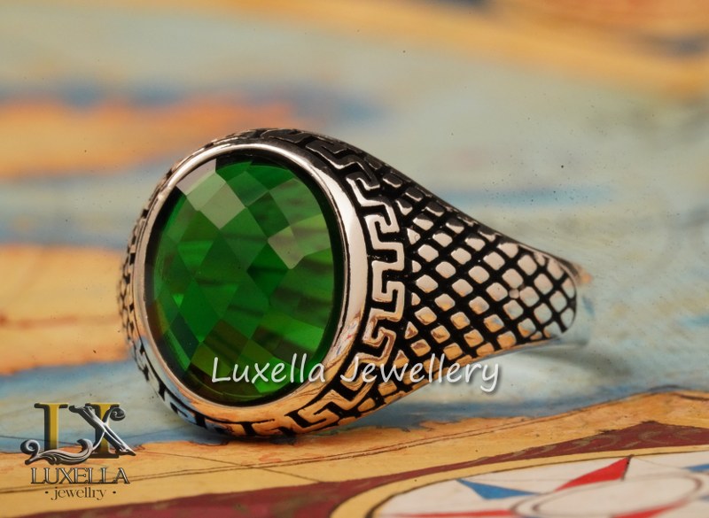 Sterling Silver Emerald Men's Ring - Unique Handcrafted Ring for Men