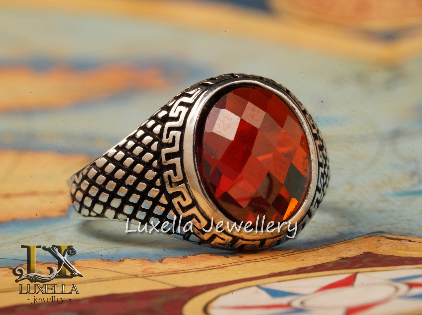 Sterling Silver Garnet Men's Ring - Handcrafted Jewelry for Bold Style