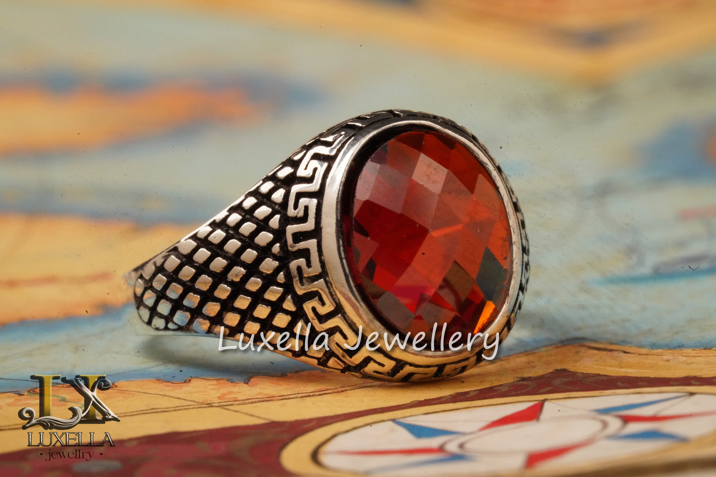 Sterling Silver Garnet Men's Ring - Handcrafted Jewelry for Bold Style