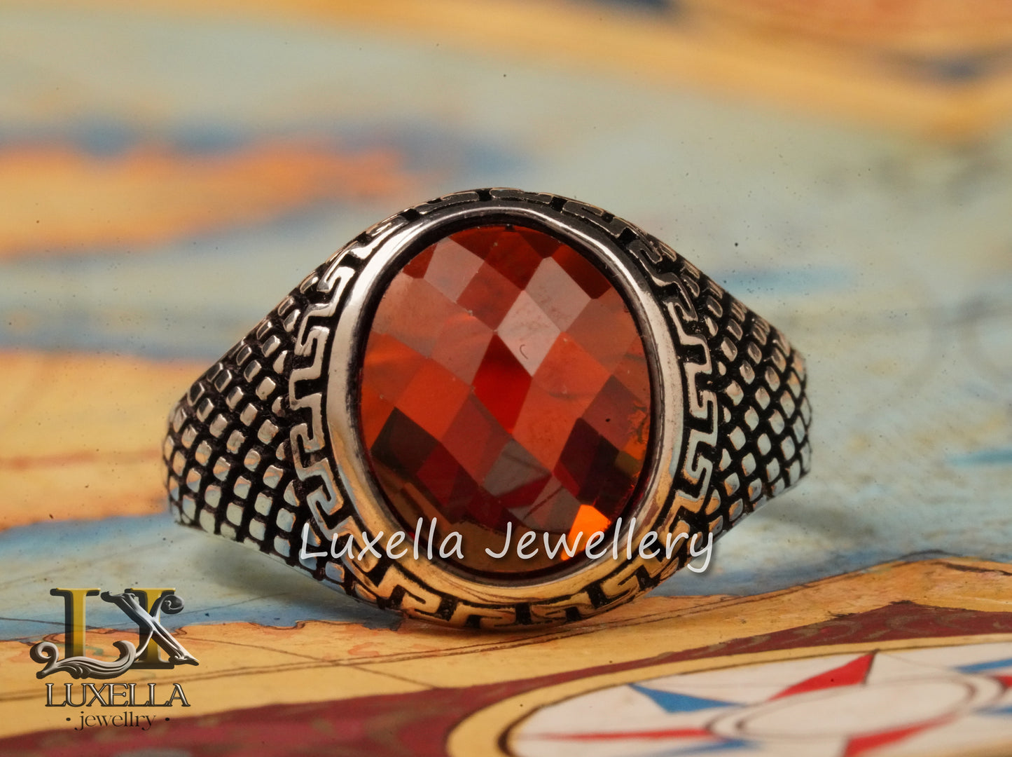 Sterling Silver Garnet Men's Ring - Handcrafted Jewelry for Bold Style