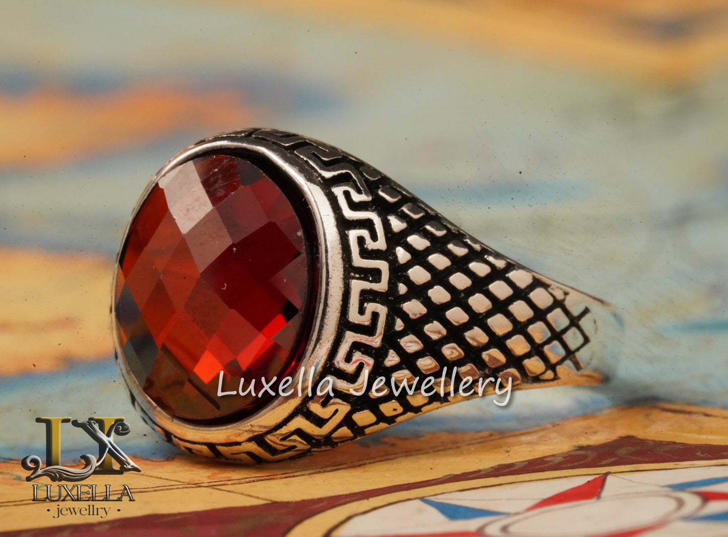 Sterling Silver Garnet Men's Ring - Handcrafted Jewelry for Bold Style