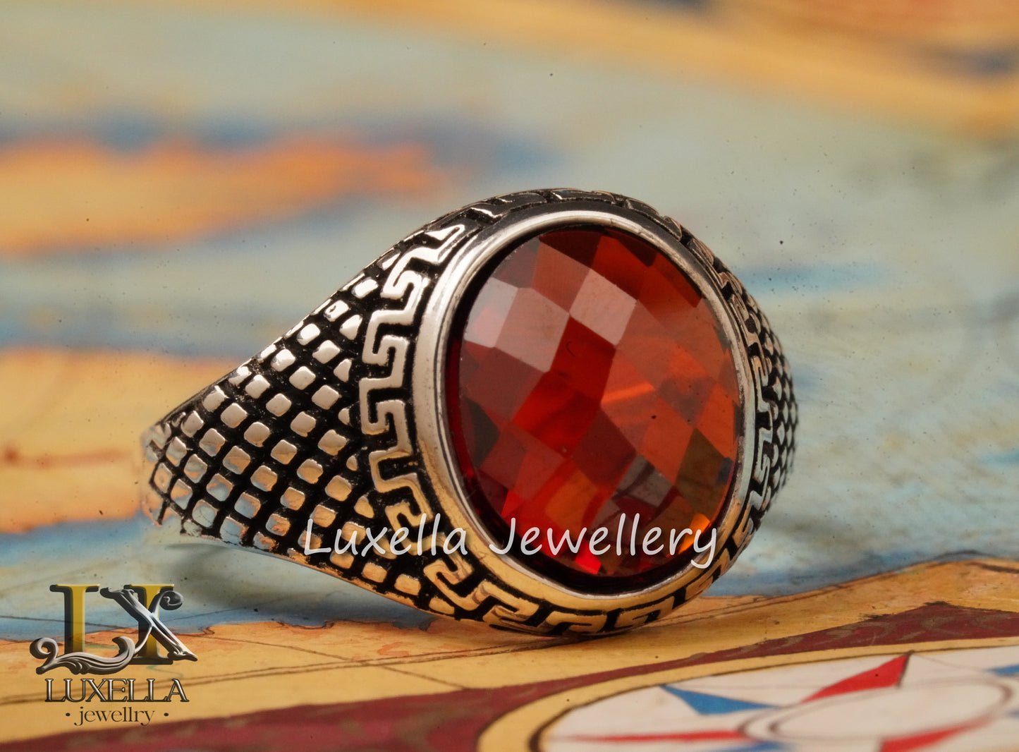 Sterling Silver Garnet Men's Ring - Handcrafted Jewelry for Bold Style