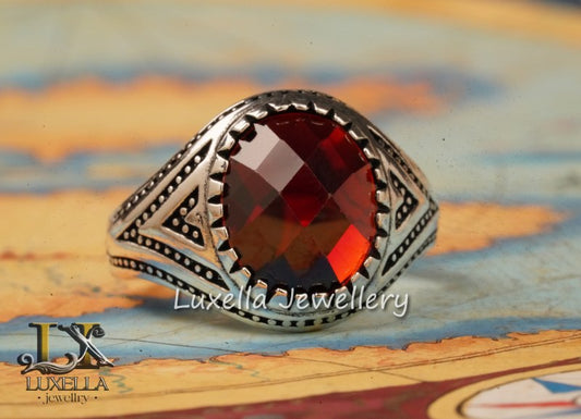 Sterling Silver Garnet Men's Ring - Handcrafted Jewelry for Bold Style