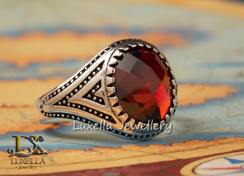 Sterling Silver Garnet Men's Ring - Handcrafted Jewelry for Bold Style