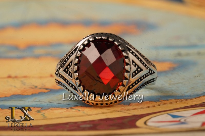 Sterling Silver Garnet Men's Ring - Handcrafted Jewelry for Bold Style