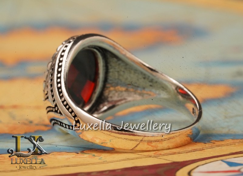 Sterling Silver Garnet Men's Ring - Handcrafted Jewelry for Bold Style