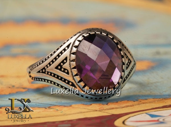 Sterling Silver Amethyst Men's Ring - Handcrafted Statement Jewelry for Men