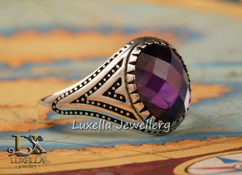 Sterling Silver Amethyst Men's Ring - Handcrafted Statement Jewelry for Men