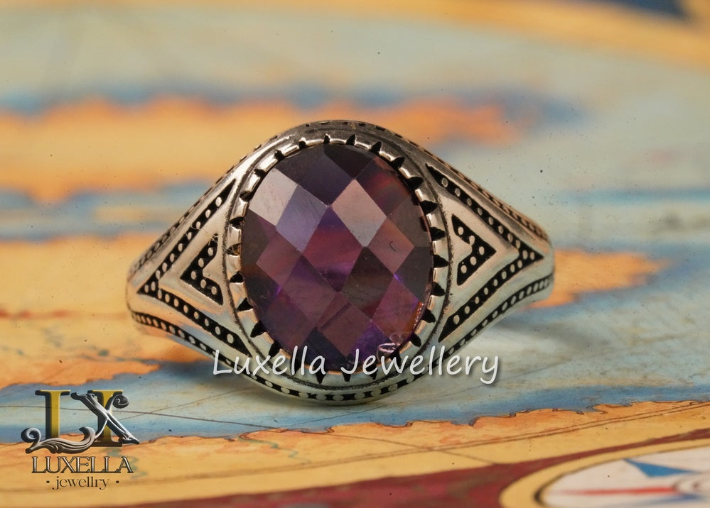 Sterling Silver Amethyst Men's Ring - Handcrafted Statement Jewelry for Men