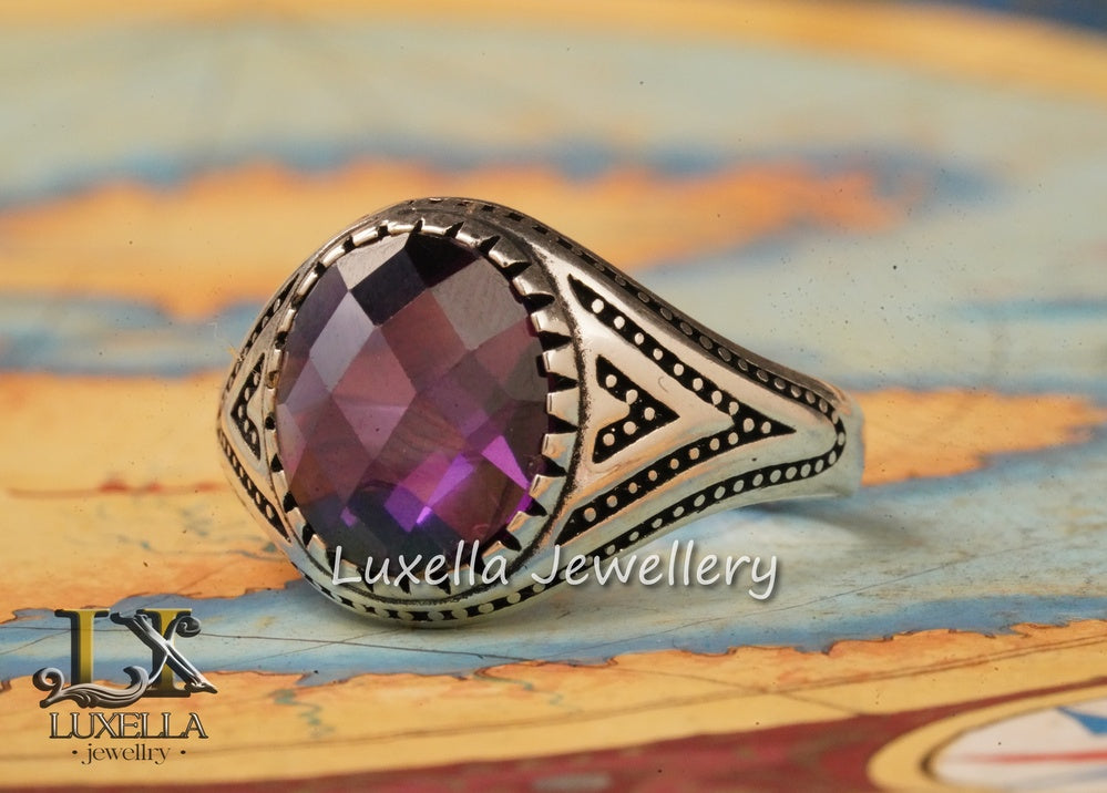 Sterling Silver Amethyst Men's Ring - Handcrafted Statement Jewelry for Men